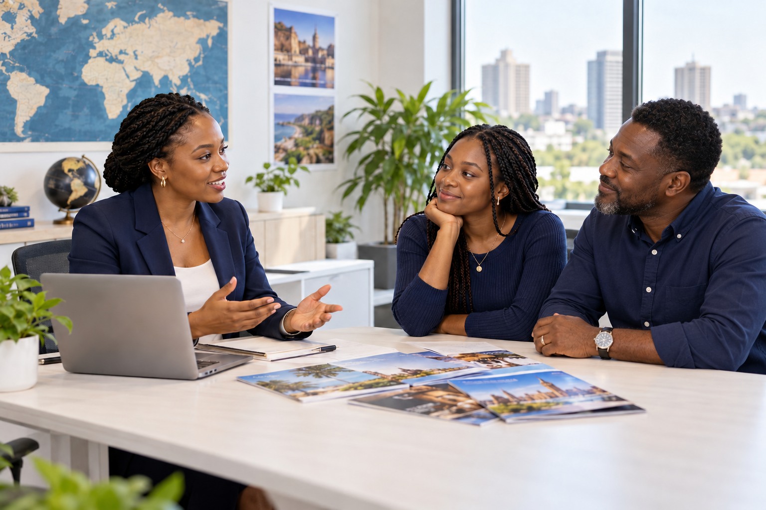 Illustrative photograph of an advisor discussing study plans with a student and her father