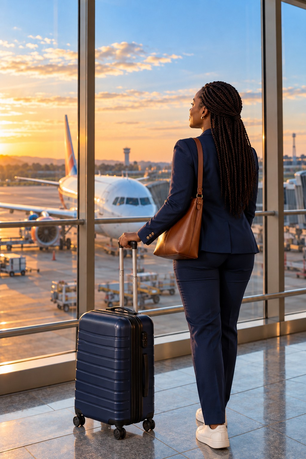 Traveller looking towards an aircraft at an airport