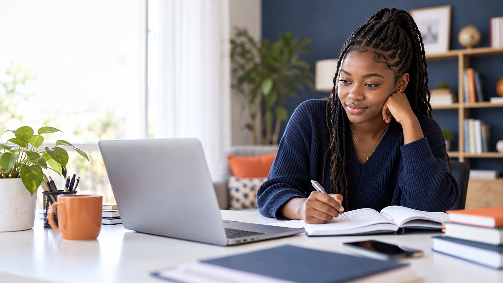 Student preparing applications with a laptop and documents